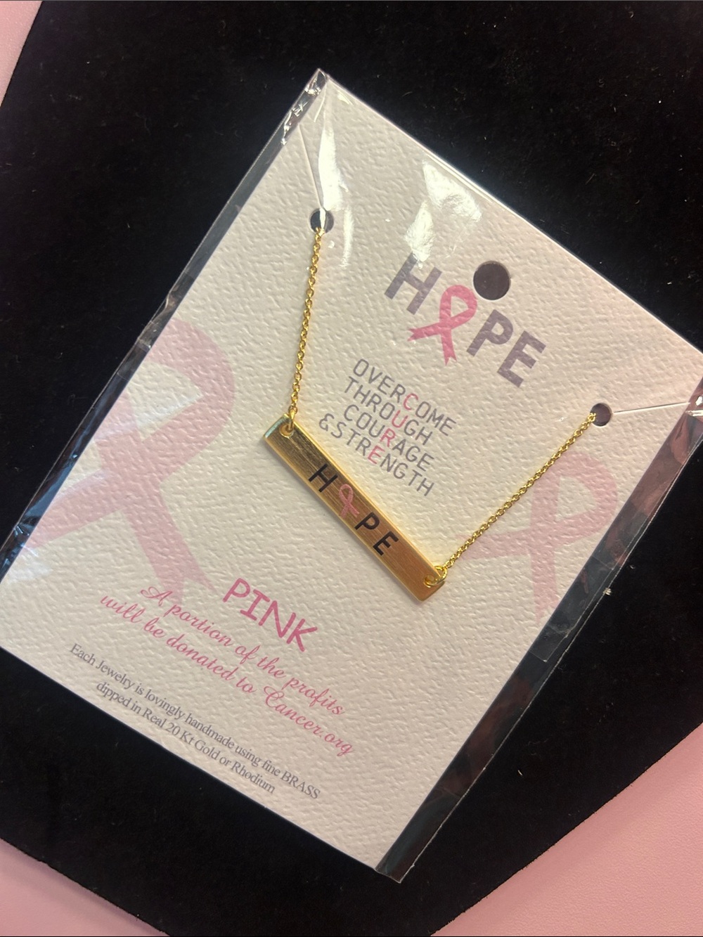 HOPE Breast Cancer Pink Ribbon Gold Bar Necklace 20 KT Gold Dipped